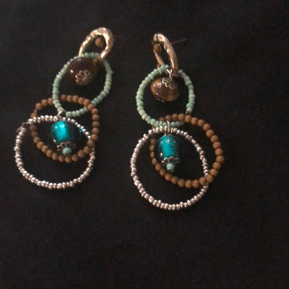 Teal and brown chandelier Euro Summer  earrings - Picture 1 of 4